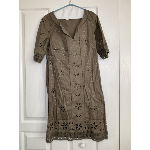 Monsoon Olive Green Embroidered Dress UK 10 US 6 Boho Cutout Cotton